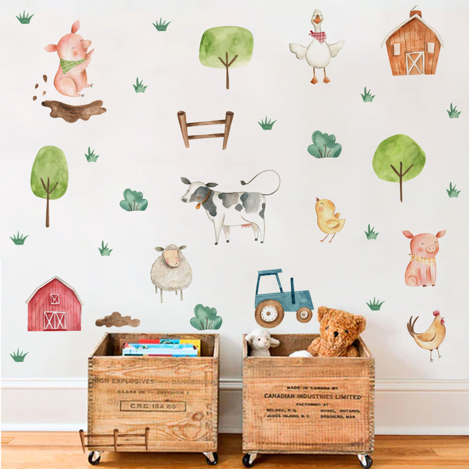 Baby Nursery Furniture - Boho Aquarel Schattige Boerderijdieren Varkensvee Muurstickers
