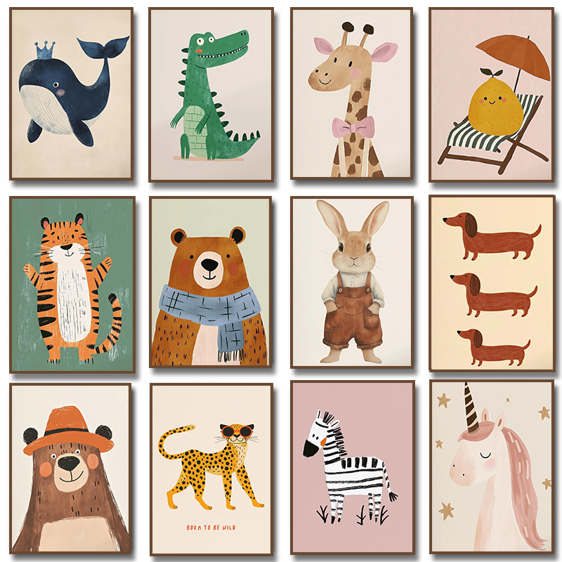 Baby Nursery Pictures - Schattige dierenillustratie poster eenhoorn beer tijger