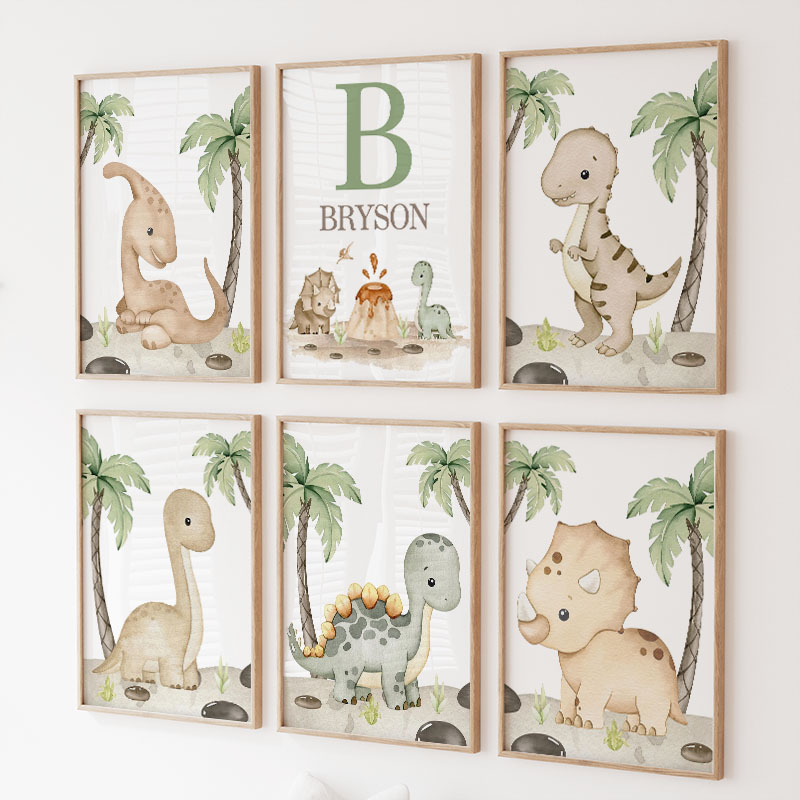 Baby Nursery Neutral - 6 soorten neutrale dinosaurus canvas wanddecoratie,