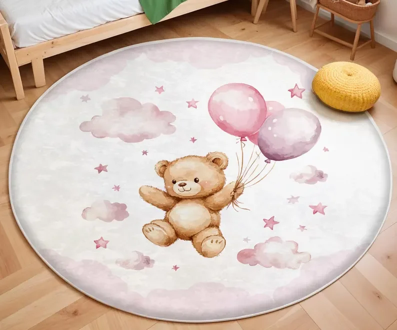 Soft Rug Nursery - Roze ballonbeerwolk rond vloerkleed Zoete kinderkamerdecoratie