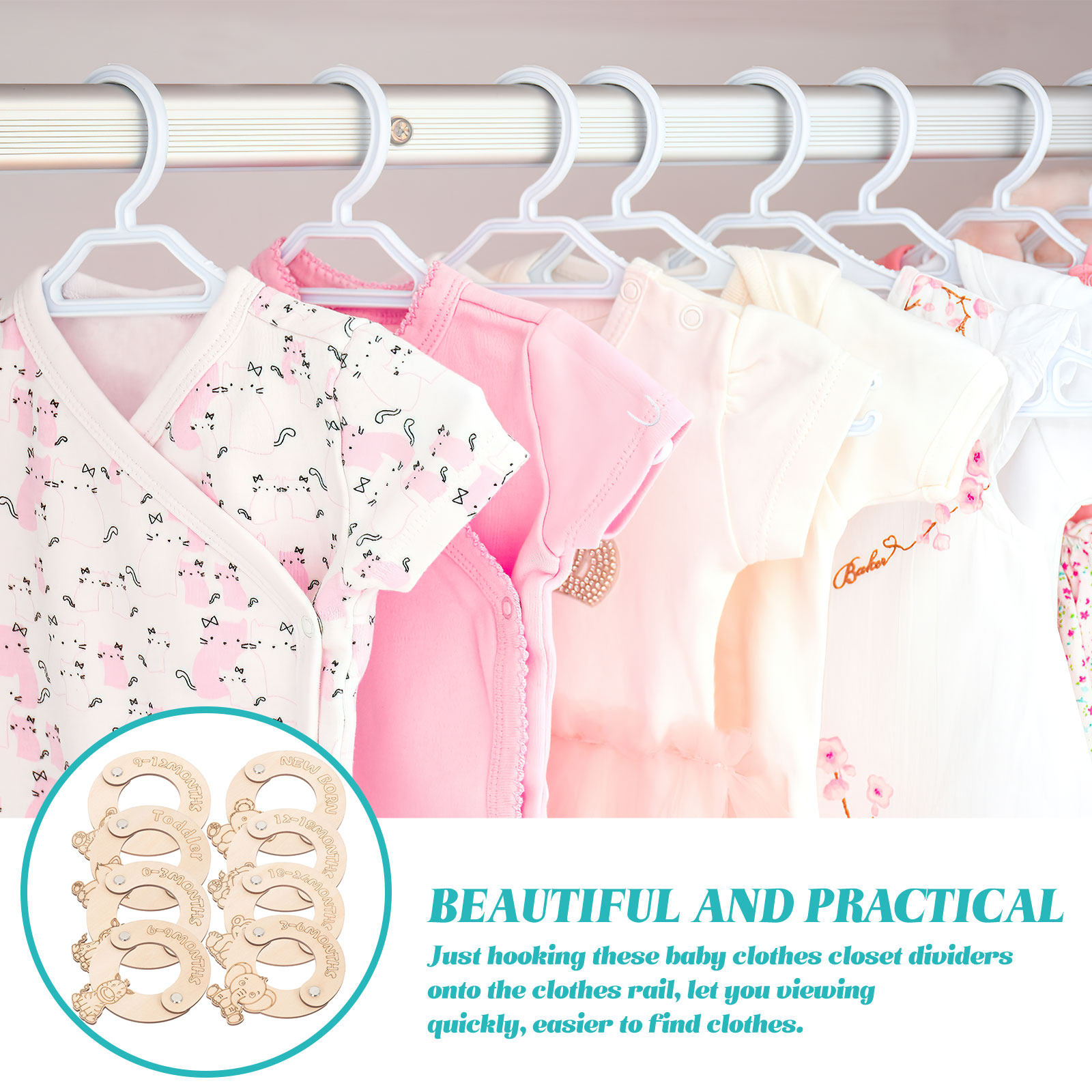 Baby Nursery Wardrobe - 8-delige babykast kledingmaatverdelers houten organizer babykleding