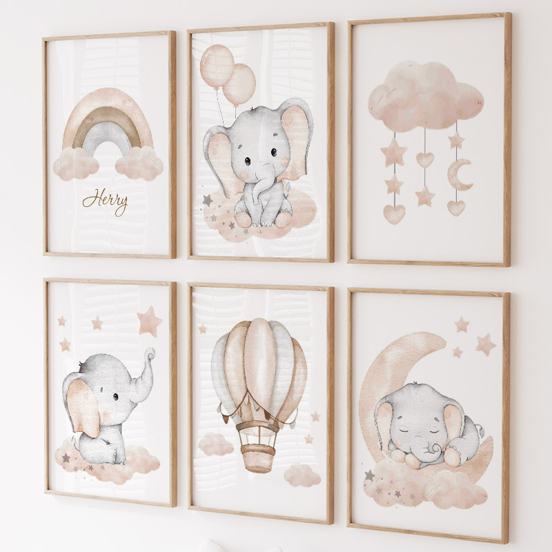 Baby Nursery Pictures - Leuke Olifant Hot Ballon Maan Regenboog