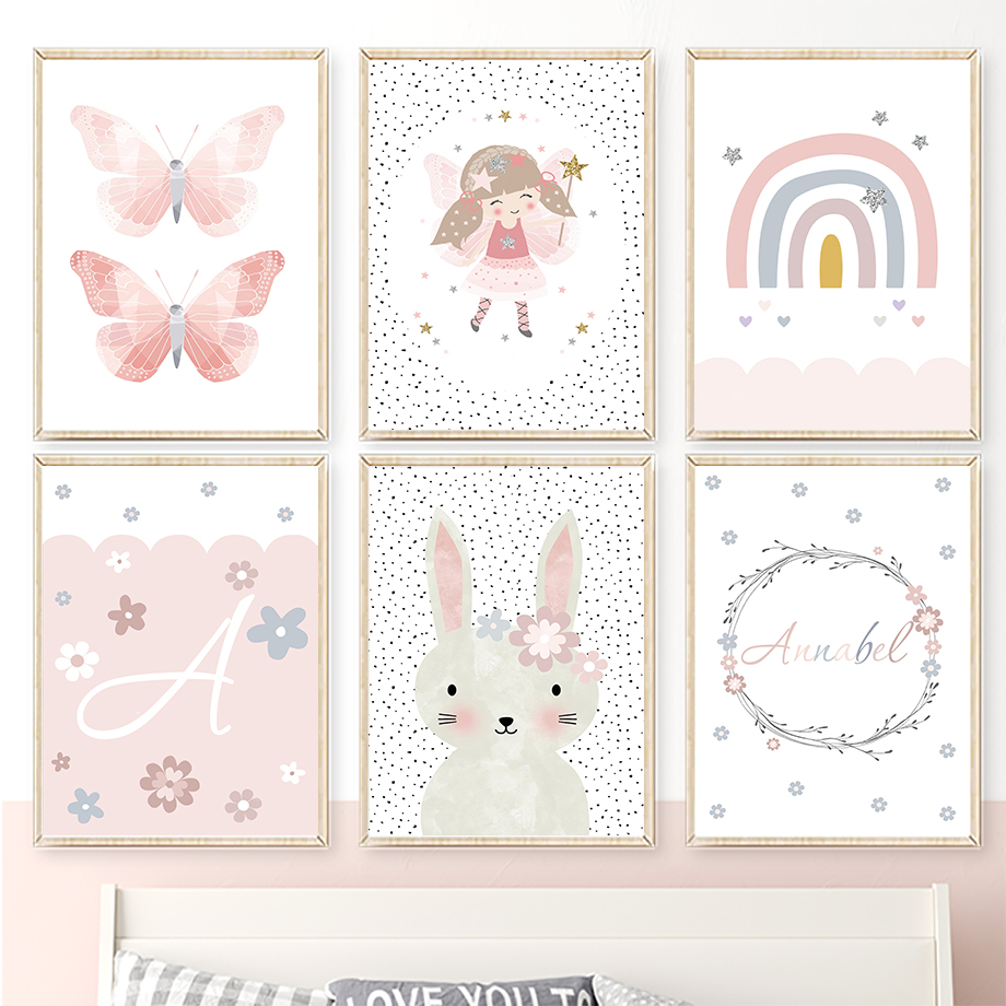 Baby Nursery Pictures - Schattig meisje konijn bloem vlinder regenboog